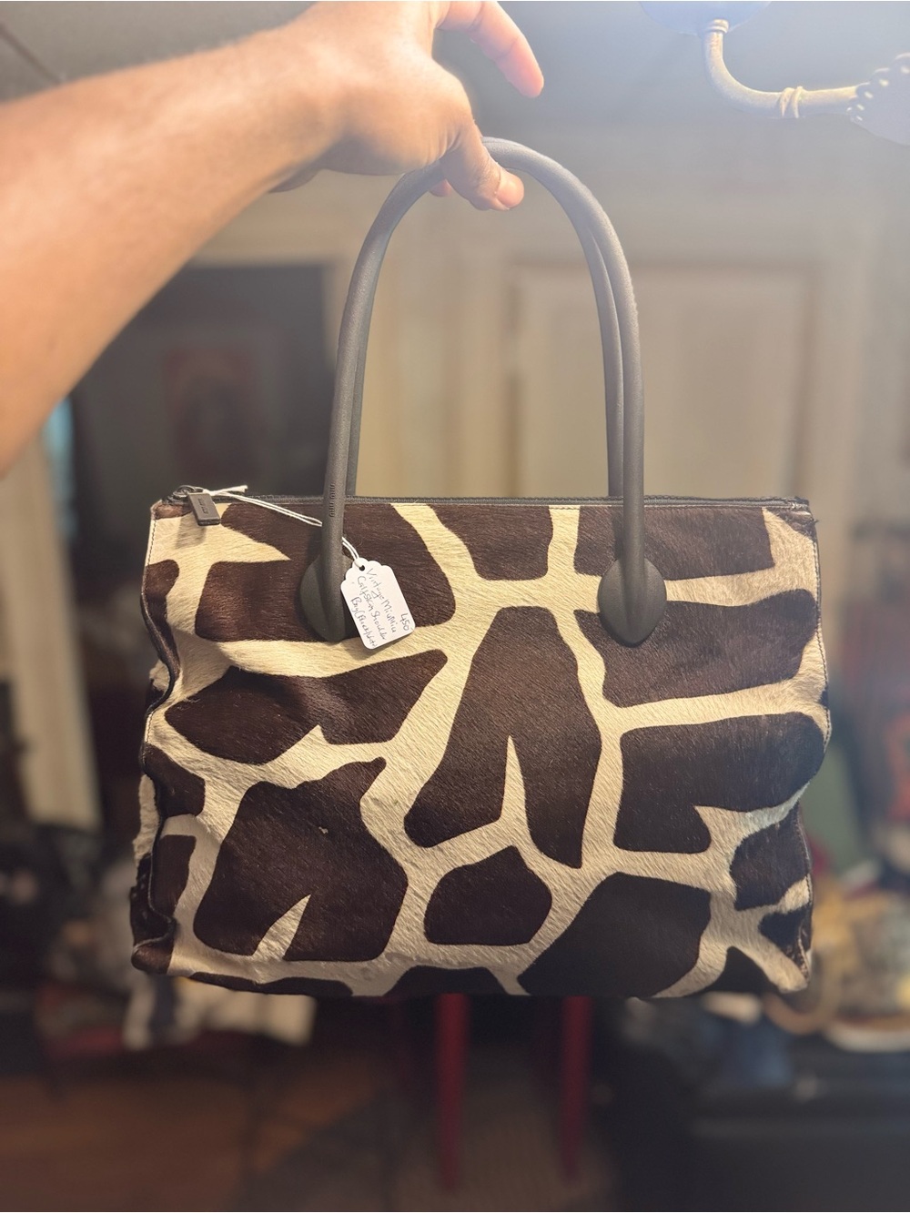 Giraffe Print Tote Bag - Brown & Cream